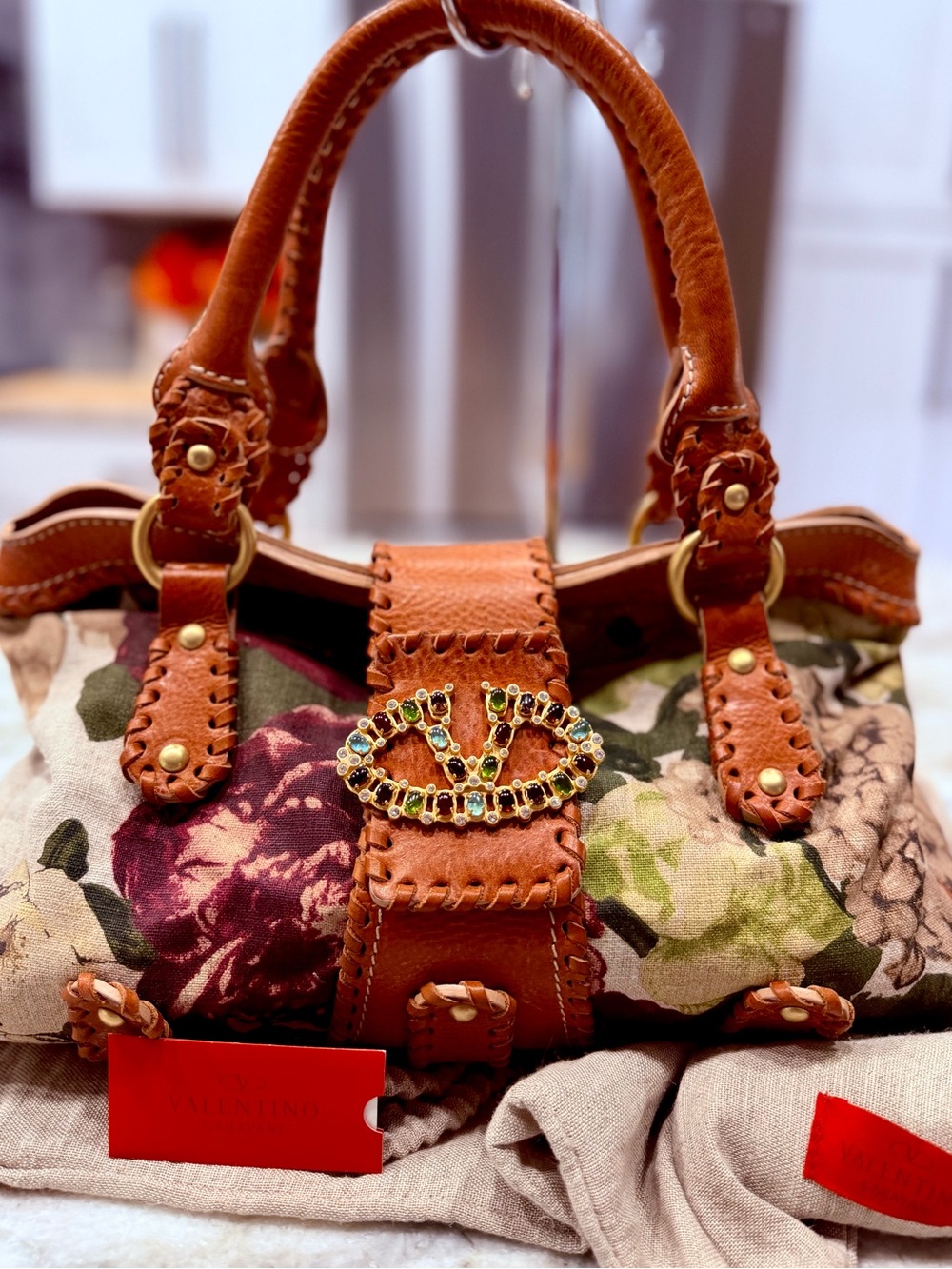 Valentino Garavani Authentic Brown Leather-Trim Floral Bag with Jeweled Buckle